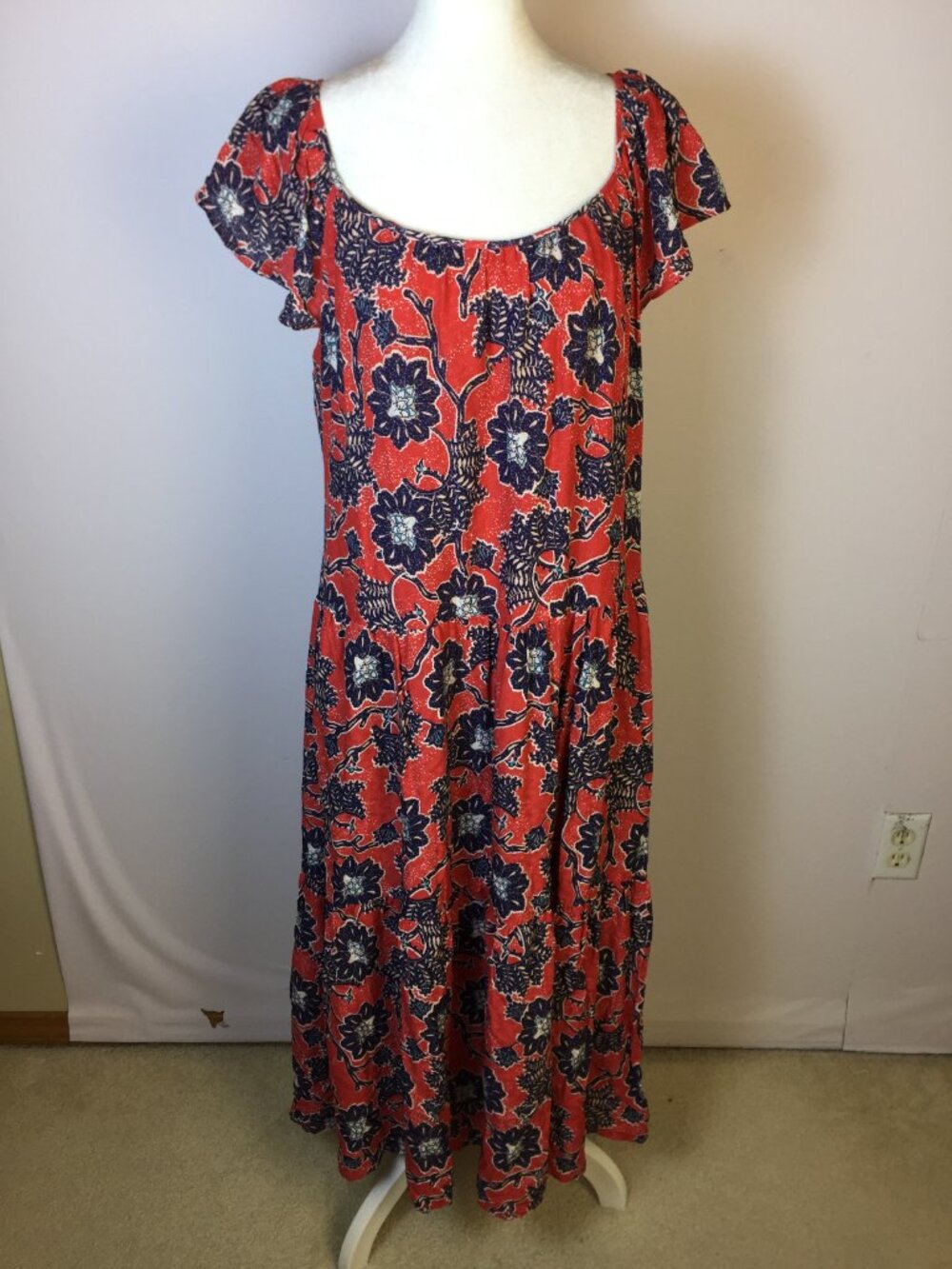 Knox Rose Midi Dress Size M Womans Red Navy Floral Boho Cottagecore Short Sleeve